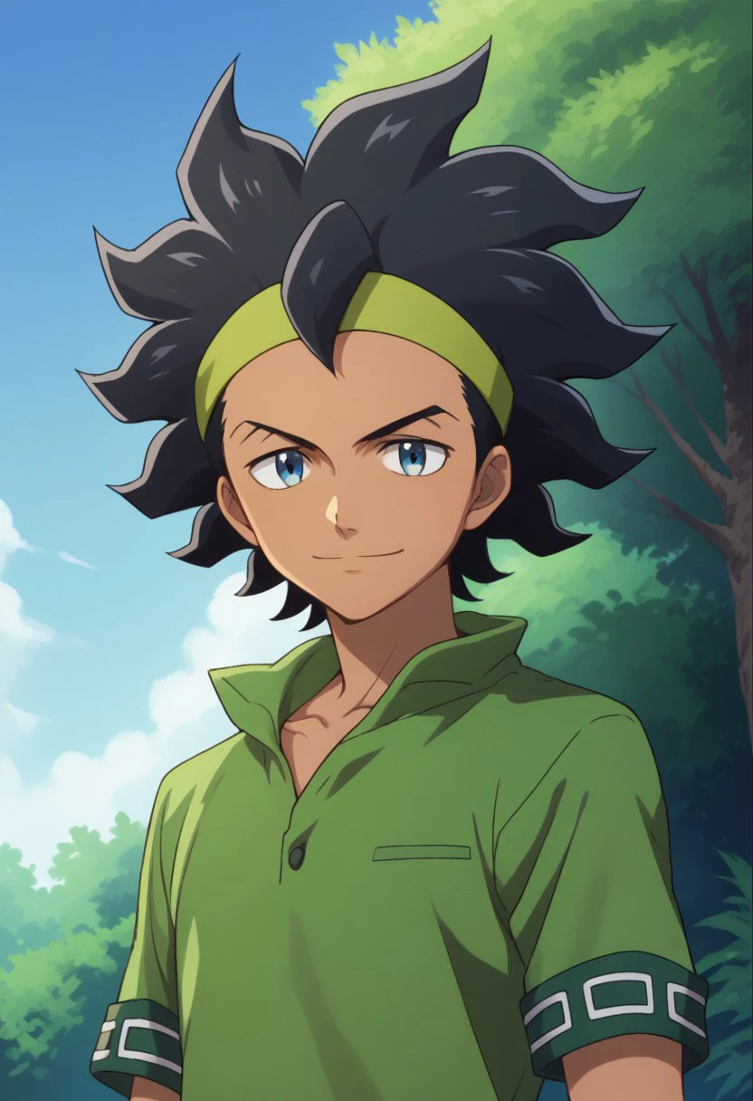 score_9, score_8_up, score_7_up, source_anime, highly detailed, 
kurama, 1boy, solo, male focus, black hair, dark skin, dark-skinned male, looking at viewer, standing, headband, short sleeves,  blue eyes, shirt, smile, green shirt, bracelet, upper body
outdoor, sky, tree