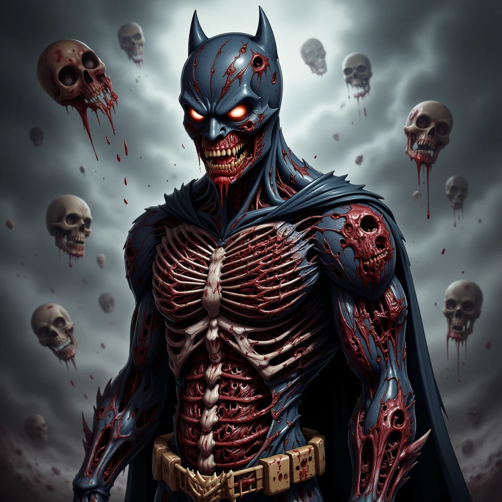 A batman in the style of PokeZom, blood, bones, flesh, zombie