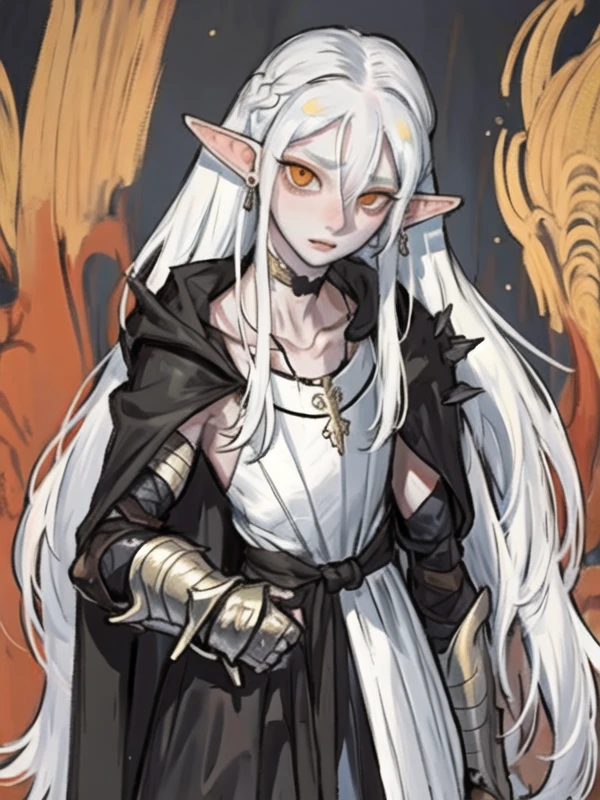Portrait oil painting of a woman, 1girl, elf, pointy ears, solo, white hair, long hair, pale face, jewelry, flat chest, orange eyes, looking at viewer, necklace, hair between eyes, earrings, black armor, cape, dark plate armor, closed mouth, cowboy shot, very long hair, iron gauntlets, collarbone, standing, scabbard <lora:MOSSAI2:0.8>