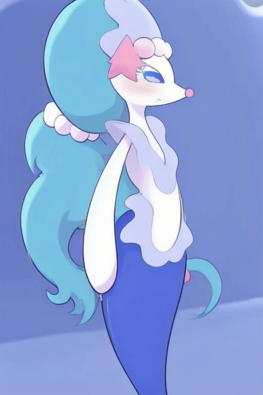 My little pony, long blue hair, white body, brown eyes, very seductive, tongue out, pulling panties 