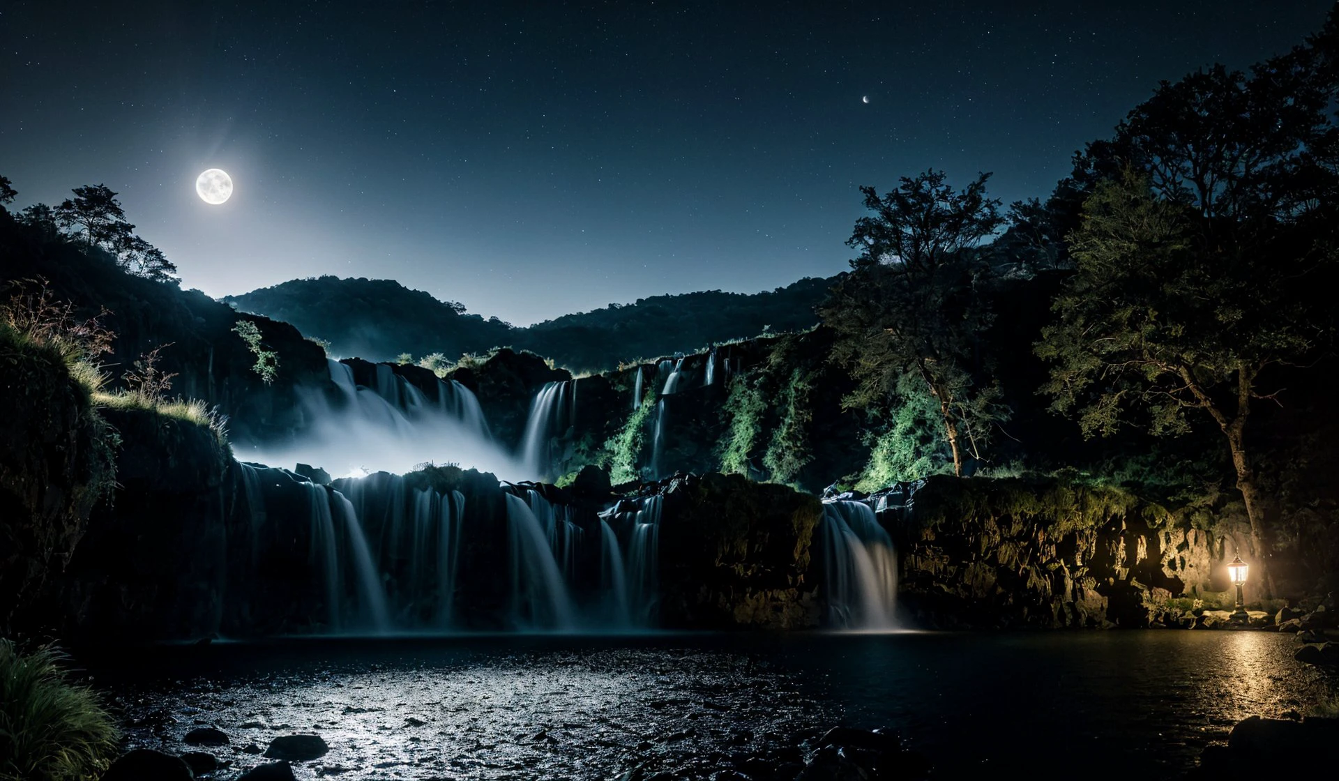 (8k, RAW photo, highest quality, best quality, masterpiece,ultra-realistic, ultra-detailed, hires, sharp focus:1.2), (photorealistic, hyper-realistic:1.37) night, dark fantasy, waterfall, moon