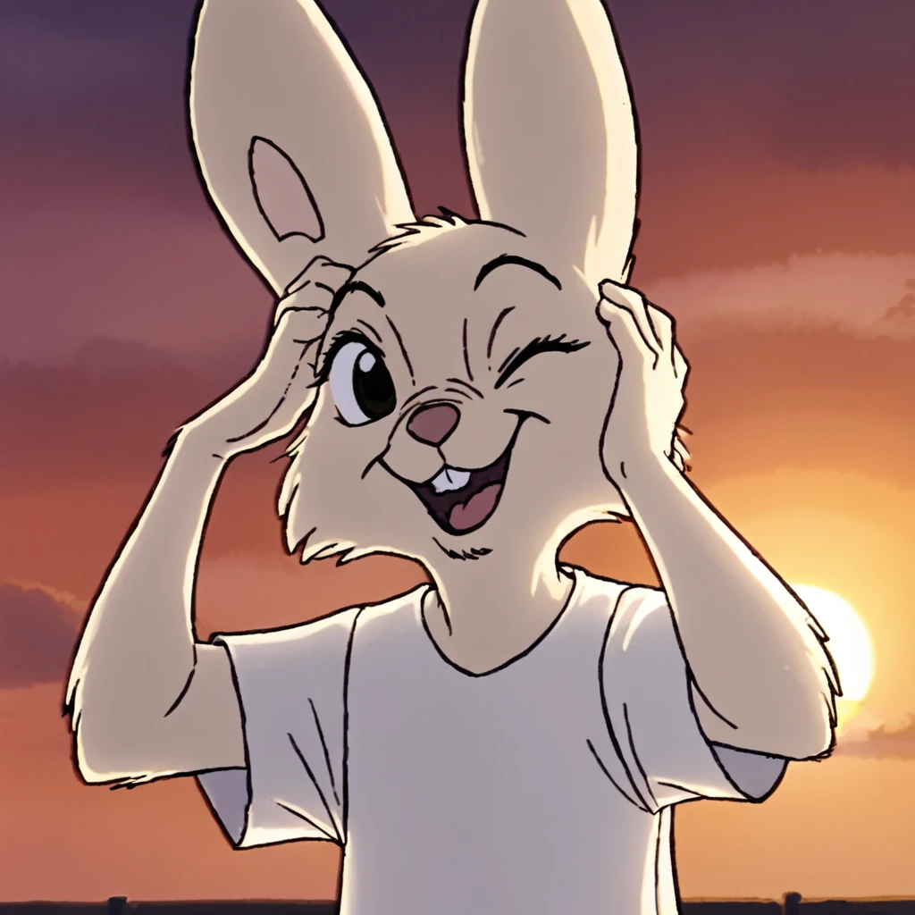 sis happy, backlighting, sunset, wearing white tshirt, raised eyebrow, (bunny girl:0.5), upper body portrait <lora:sis-ponyv6xl:1>