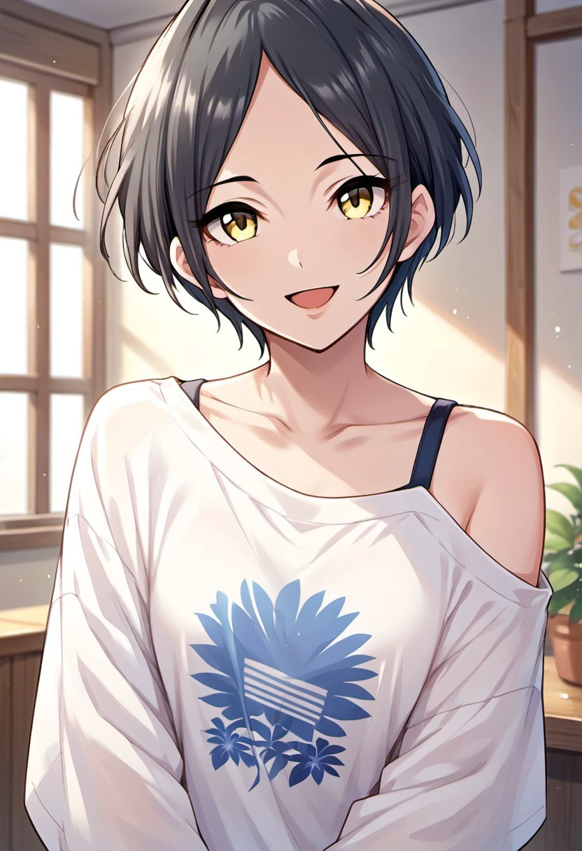 score_9, score_8_up, score_7_up, source_anime, hayami kanade, short hair, yellow eyes, black hair, 1girl, solo, looking at viewer, parted bangs, smile, open mouth, shirt, collarbone, off shoulder, upper body