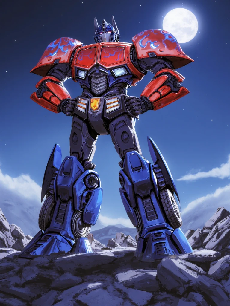 nixeu style, watercolor, optimus prime robot standing epically on pile of rocks, his body in advanced futuristic design have red and blue accents with flame print pattern, hands on hips, massive shoulders, wheels and other truck parts on body, night, moonlight,<lora:SXZ_Nixeu_Flux:1.5>