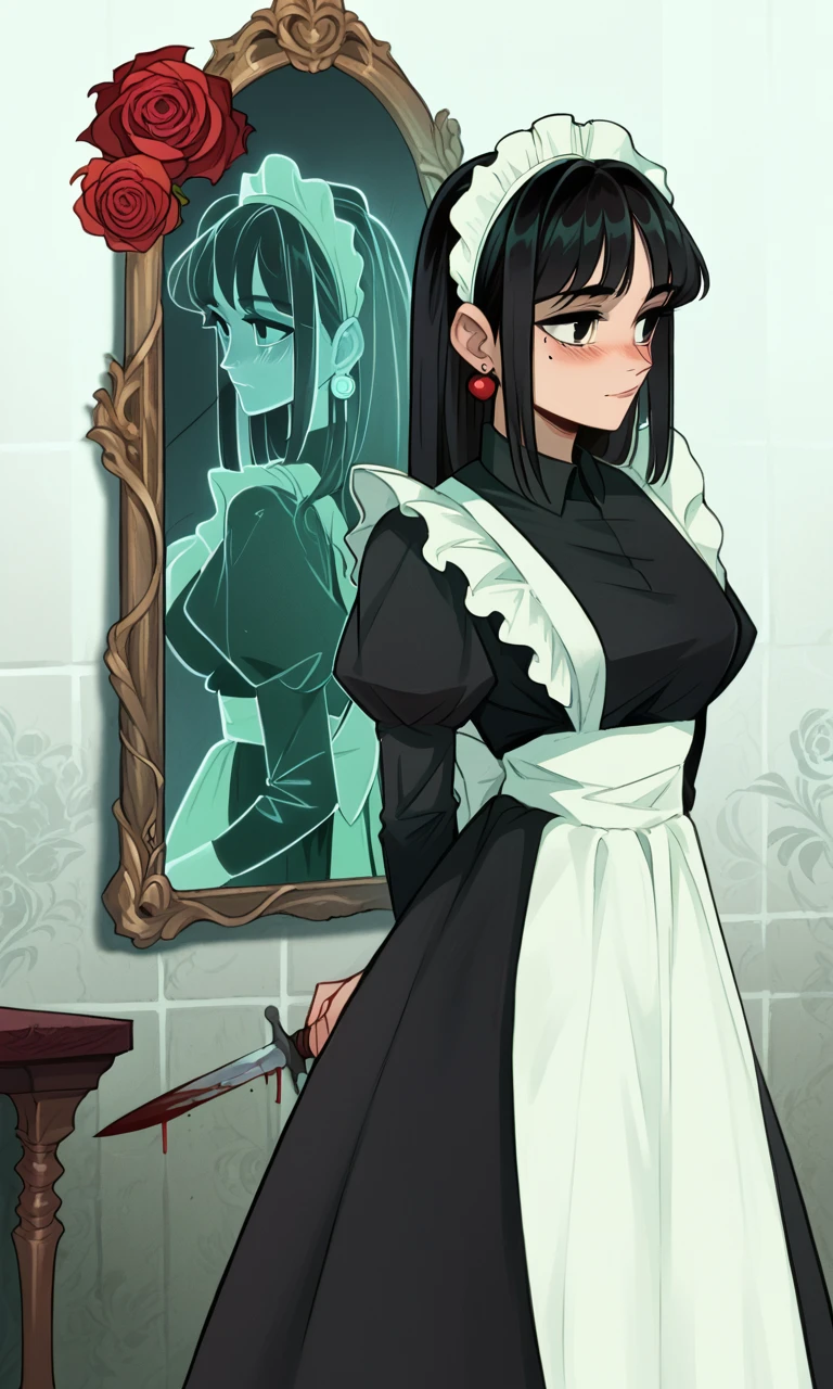 score_9, score_8_up, score_7_up, source_anime, diffRef, 1girl, solo, long hair, blush, black hair, long sleeves, dress, holding, jewelry, weapon, flower, earrings, puffy sleeves, blunt bang, mole, black eyes, apron, black dress, maid, maid headdress, mole under eye, blood, rose, arms behind back, knife, juliet sleeves, red flower, white apron, maid apron, red rose, mirror, holding knife, blood on clothes, blood on knife