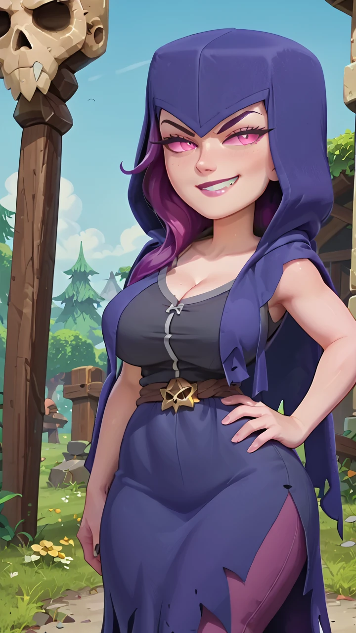 score_9, score_8_up, score_7_up, anime screencap, witch_coc, hood, large breasts, wide hips, hand on hip, smirk, looking_at_viewer<lora:EMS-463729-EMS:1.000000>