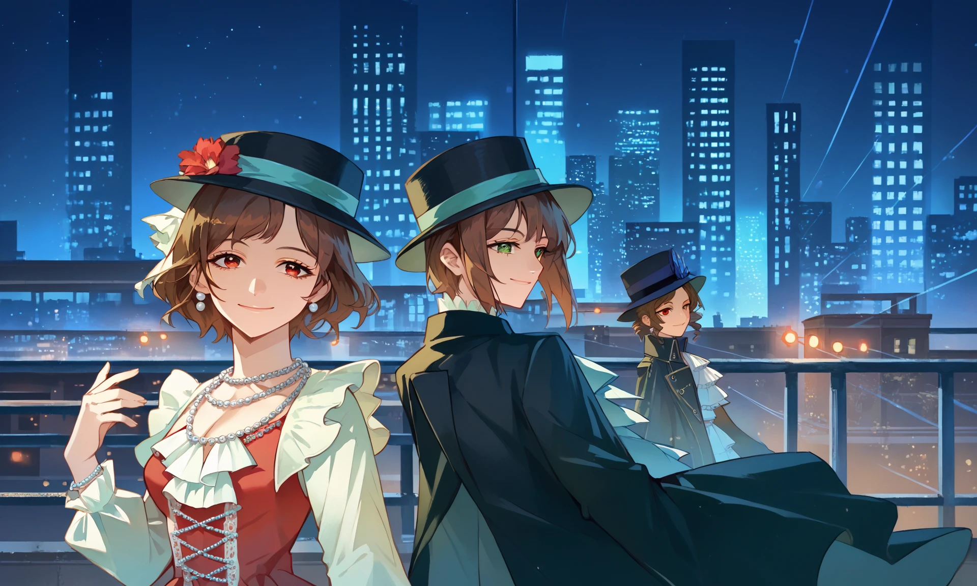 score_9, score_8_up, score_7_up, source_anime, diffRef, smile, short hair, multiple girls, brown hair, hair ornament, red eyes, long sleeves, hat, dress, 2girls, jewelry, green eyes, flower, sky, necklace, coat, ascot, black headwear, night, red dress, feathers, building, city, cityscape, pearl necklace, city lights