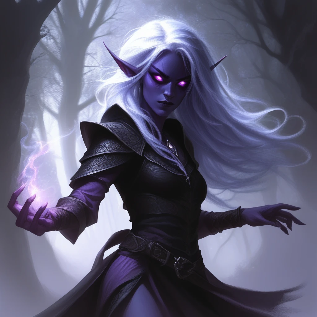 Dark Elf Warrior, 1woman, casting shadow magic spell, dark magic