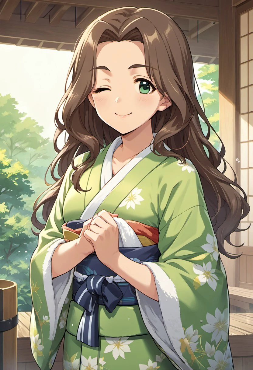 score_9, score_8_up, score_7_up, source_anime, kusakabe wakaba, long hair, brown hair, green eyes, 1girl, one eye closed, solo, towel, smile, japanese clothes, kimono, ;)