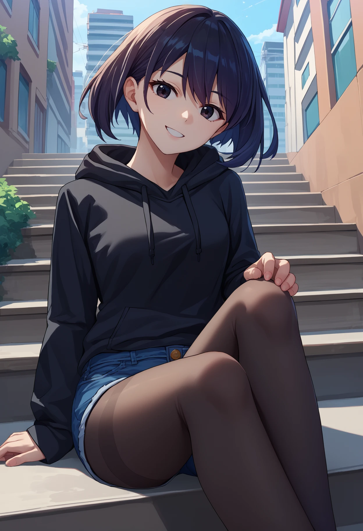 score_9, score_8_up, score_7, source_anime, solo, 1girl, agkkurome, smile, looking at you, sitting, stairs, black hoodie, blue shorts, denim shorts, black pantyhose, outdoors, city
<segment:yolo-face_yolov8m.pt,0.4,0.5//cid=1>