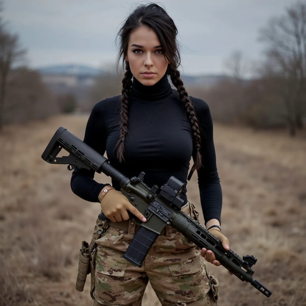 In the photograph, a ite French woman stands confidently, her slender frame accentuated by a sleek black turtleneck that contrasts sharply with her rugged OCP combat pants. The tactical attire hints at her readiness and precision. Her expression is one of calm determination, and she holds a marksman rifle with practiced ease, the weapon's sleek lines and formidable presence adding to the overall impression of strength and capability. The background is a blur, drawing all focus to her poised stance and the powerful image she projects.