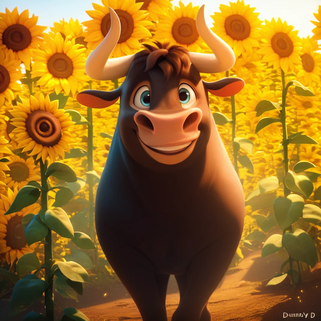 score_9, score_8_up, score_8, furry, bull, Ferdinand, horns, cartoon style, smooth lines, countershading, soft shading, 2d, extreme detail, 4K, high definition, high resolution, feral, standing in sunflower field, looking at viewer, smile, outside, sunny