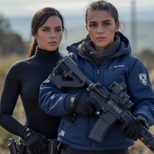 a woman wearing a black turtleneck, a woman wearing a blue running jacket, holding a marksman rifle