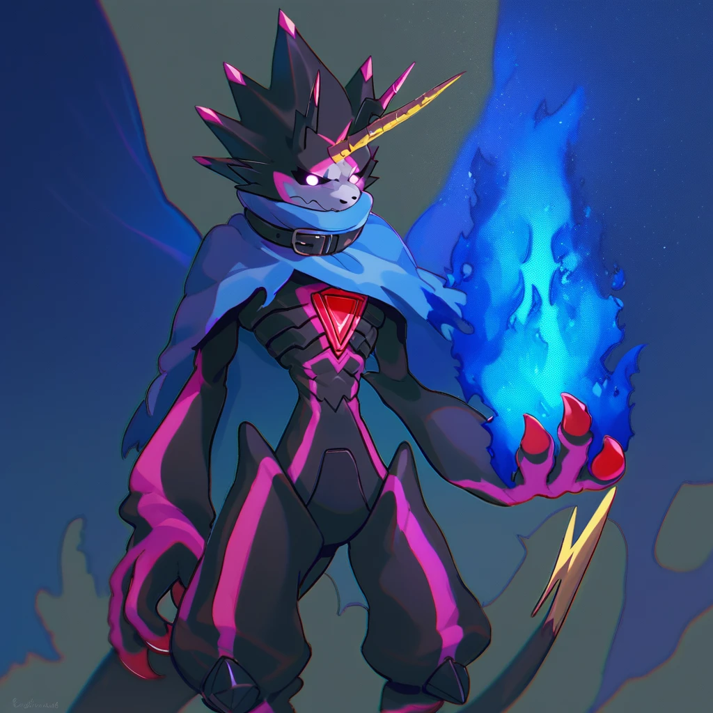 gulusgammamon (character), digimon (creature), 1boy, solo, anthro, scalie, black body, horns, no pupils, claws, glowing eyes, belt, stinger tail, score_9, score_8, score_7_up, score_6_up, standing, wings, blue fire, holding fire, hand up