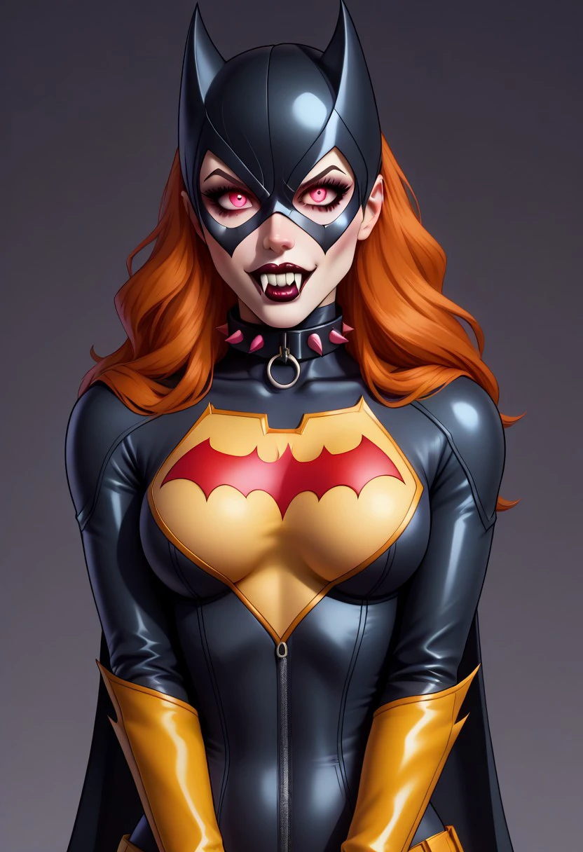 batlike collar, batgirl, fallen hero, corrupted costume, dark persona, twisted mind, heroine gone evil, bad end