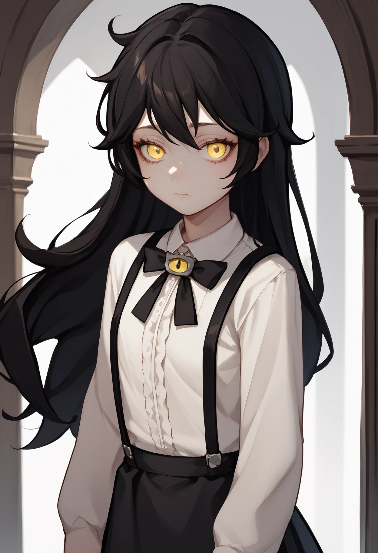 score_9, score_8_up, score_7_up, source_anime BREAK 1girl, solo, <lora:grimmi-vtuber-richy-v1_pdxl:1> grimmi, black hair, yellow eyes, long hair, black neck ribbon, suspenders, black skirt, white shirt, looking at viewer, closed mouth,