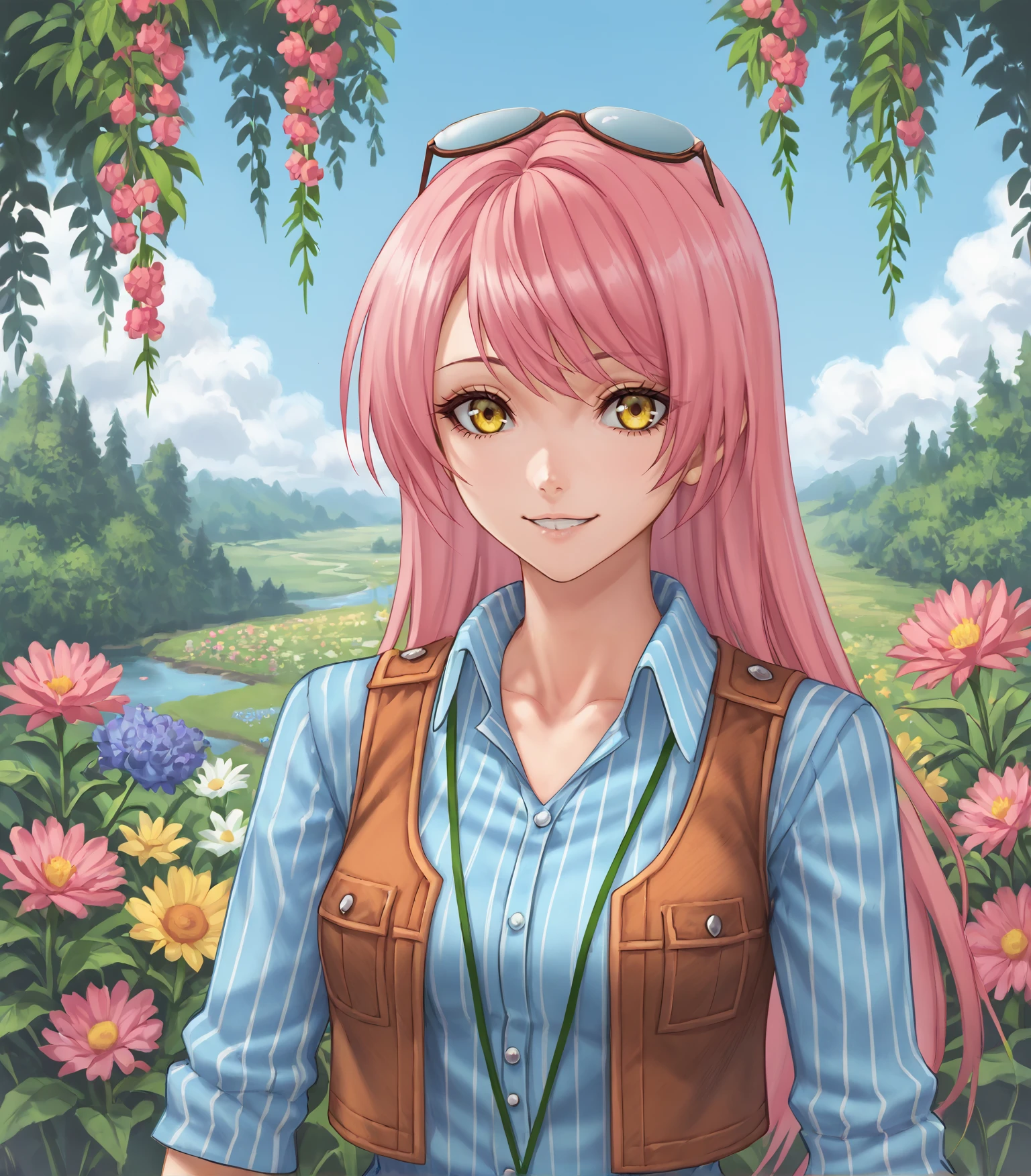 score_9, score_8_up, score_7_up,
1girl, solo, <lora:Vivi:0.9>, Vivi, pink hair, long hair, yellow eyes, medium breasts, eyewear on head, striped shirt, vest, jeans, pants, boots,, 
outdoors, flowers, plants, sky, 
looking at viewer, upper body, portrait, smile,
<lora:LDART_style_pony_v3:0.7>,, <lora:Racoonkun_Artist_Style:0.4>, racoonsan,,