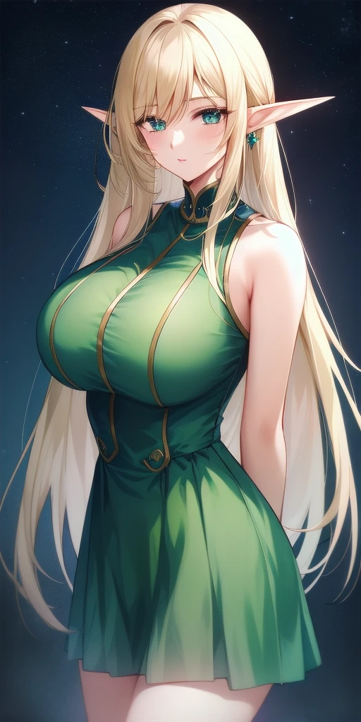 <lora:DeedlitV8:.7>deedlit, standing, huge_breasts, solo, arms_behind_back, starry_sky, green_sleeveless_short_dress,, masterpiece, best_quality, detailed_face, detailed_eyes, highres, beautiful, detailed, absurdres,