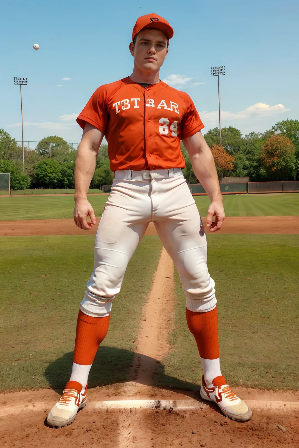 ((baseball field)), standing, fm_shay, smirking, baseballplayer, red ((baseball uniform)), open jersey, gray pants, baseball cap, (((wearing mitt))), masterpiece, (((full body portrait))), ((full body)), wide angle, longshot, highly detailed, (high skin detail), (high face detail), ((photorealistic)), RAW photo, subject, 8k uhd, dslr, soft lighting, high quality, film grain, Fujifilm XT3 <lora:Clothing - Sexy Baseball Player:0.75> <lora:fm_shay:0.75>