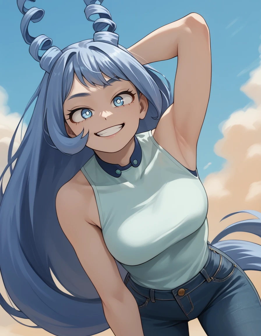 <lora:hadou nejire:1>, hadou nejire, solo, 1girl, jeans, sleeveless shirt, one arm behind head, armpit, smirk,, score_9, score_8_up, score_7_up, source_anime,