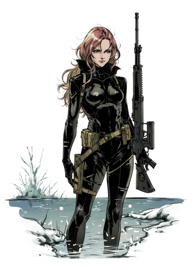 yoji_style, female sniper, holding sniper rifle, sexy black full-body bodysuit, white background with water and snow