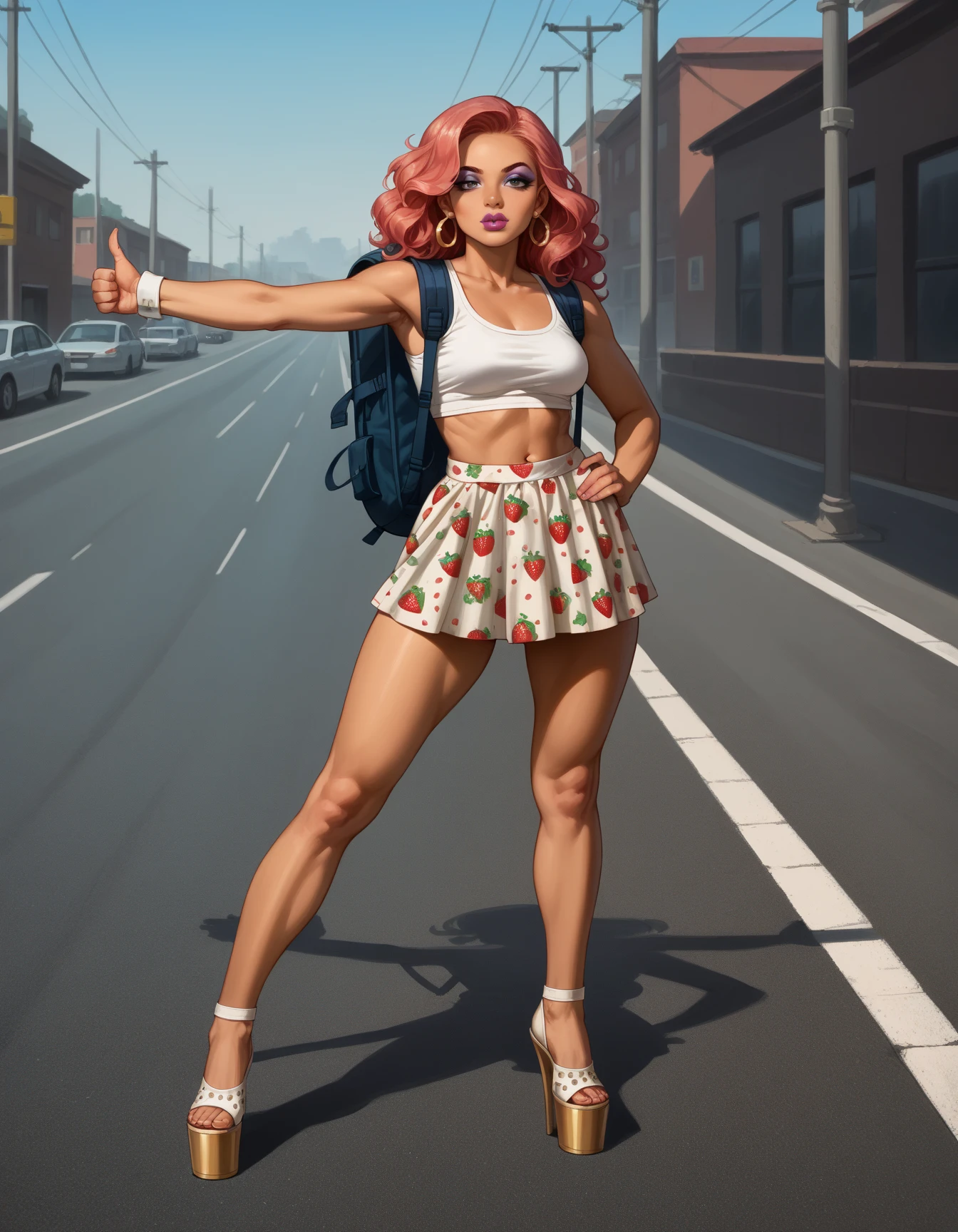 score_9, score_8_up, score_7_up, score_6_up, score_5_up, score_4_up, solo, 1girl, makeup, lipstick, smoky eyeshadow, suave, Crochet crop top and flowy maxi skirt set with a breezy and bohemian silhouette, Queen, Average Height, Narrow Hips, Triangular Face, Dark Skin, Strawberry Blonde Hair, grey Eyes, [[Curved Nose]], Full Lips, Round Chin, Shoulder-Length Hair, Wavy Hair, Angled Bob, natural breasts, Cuff earrings, rose metallic lipstick, with a foggy atmosphere in the background,  platform footwear, high heels, backpack, hud_h1tchh1ker, road, street, hand on hip, outstretched arm, blue sky, day, thumbs up, <lora:hud_h1tchh1ker_XLP:0.8>, hitchhiking, from side, spread legs