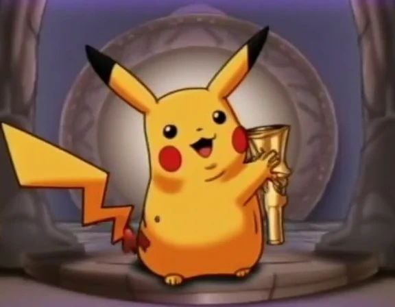 vhs style, pikachu holding the holy grail