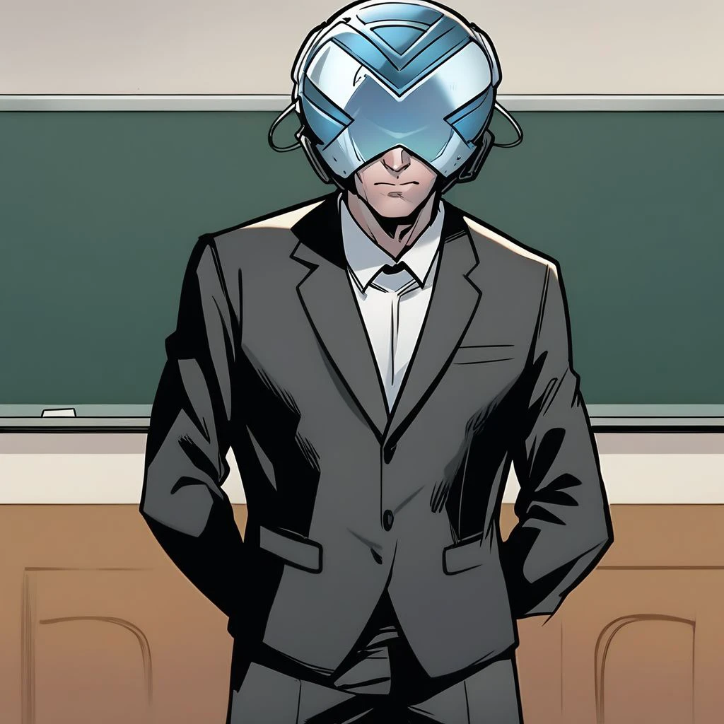 score_9, charles_xavier, helmet, standing inside a classroom, blackboard in the background, black teacher's suit, hands behind his back, looking at the viewer, closed mouth, <lora:professor_x:1>