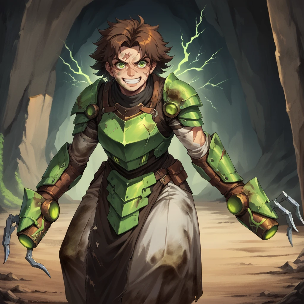 score_9, score_8_up, score_7_up, score_6_up, 2d, anime,
WarlockMaster, humanization, clawed gauntlets,
armor, dirty, dirt on face, brown hair, scars, scorch marks, messy hair, greasy hair, goggles on eyes,
cave, underground, green electricity, green glow,
mature female, voluptuous, solo, grin,
<lora:WarlockMaster:0.85>