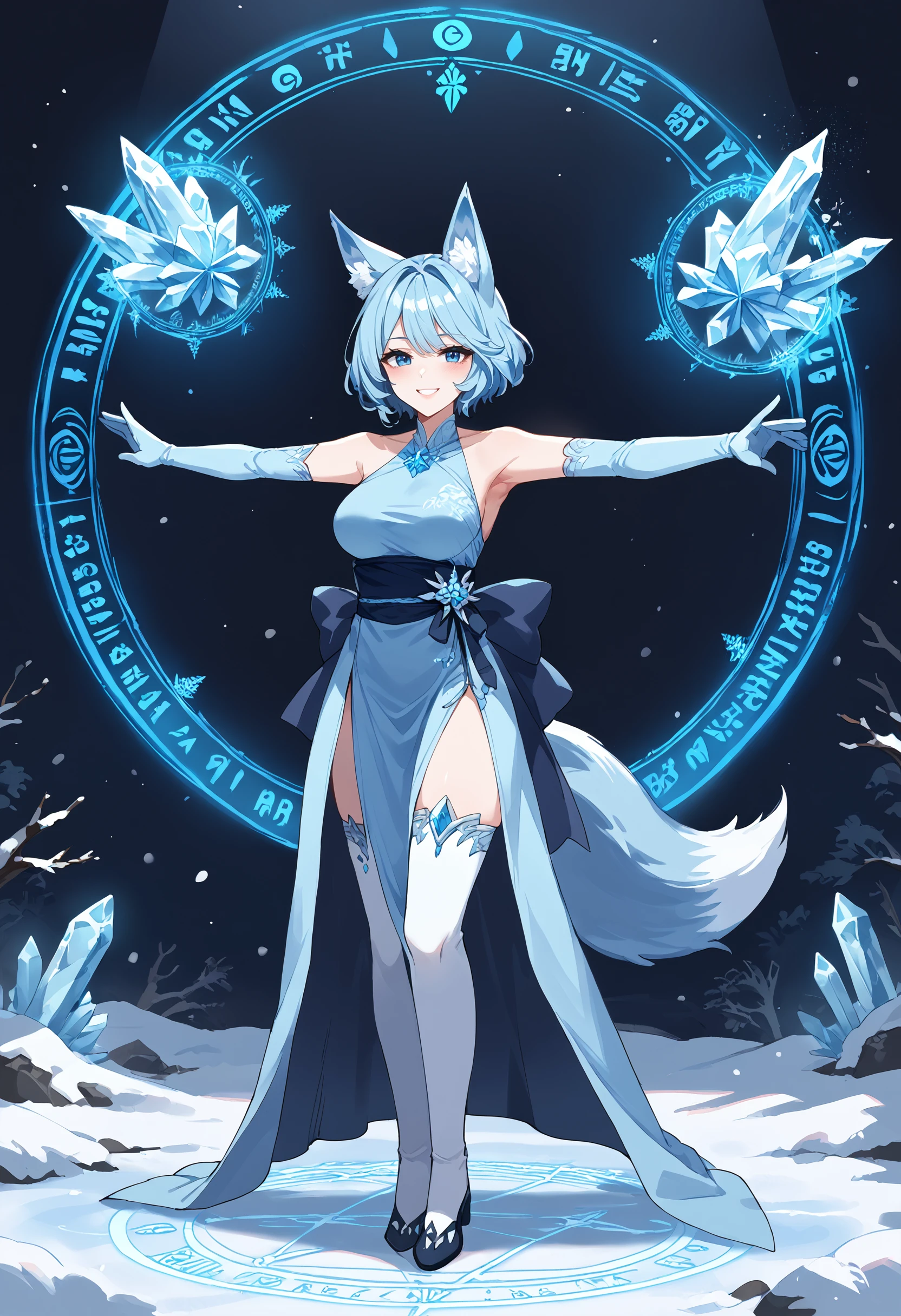 score_9, score_8_up, score_7_up, fox girl, rating_safe, 1girl,tpose, short hair,mature female, t-pose,fox tail, long blue hair, blue eyes, ice dress, ice, ice fox,straight-on, dress, robes,skirt, fantasy, blue elbow gloves, thighhighs, blush, legs together,standing, spread arms, full body, cryokinesis, casting spell, smile, magic, ice magic, hair between ice, snow, night, magic circle, 
 <lora:T-Pose (pony) v1:1>