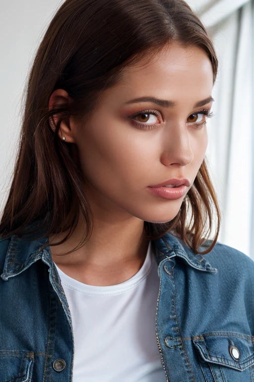 Balenciaga oversized denim jacket worn over a logo-printed T-shirt and leggings, styled with chunky sneakers. White linen blouse, high-waisted denim shorts, and brown leather sandals, accessorized with a woven belt and layered bracelets. a breathtaking glamour of  a beautiful woman  <lora:SatinBloomV2:1>, brown hair, dark brown eyes, tidy hair, glossy lips, realistic, looking at viewer, fill lighting, atmospheric, simple background, High dynamic range, vivid, rich details, realistic, intense, enhanced contrast, highly detailed, 8k, 35mm prime lens, award-winning, professional, official balmain editorial, style of Tyler Shields:1.3,  epiCRealism