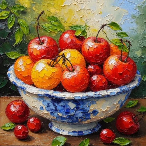 an epic impasto technique of fruits in a bowl, realistic painting