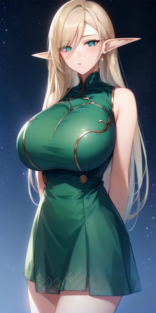 <lora:DeedlitV8:.7>deedlit, standing, huge_breasts, solo, arms_behind_back, starry_sky, green_sleeveless_short_dress,, masterpiece, best_quality, detailed_face, detailed_eyes, highres, beautiful, detailed, absurdres,