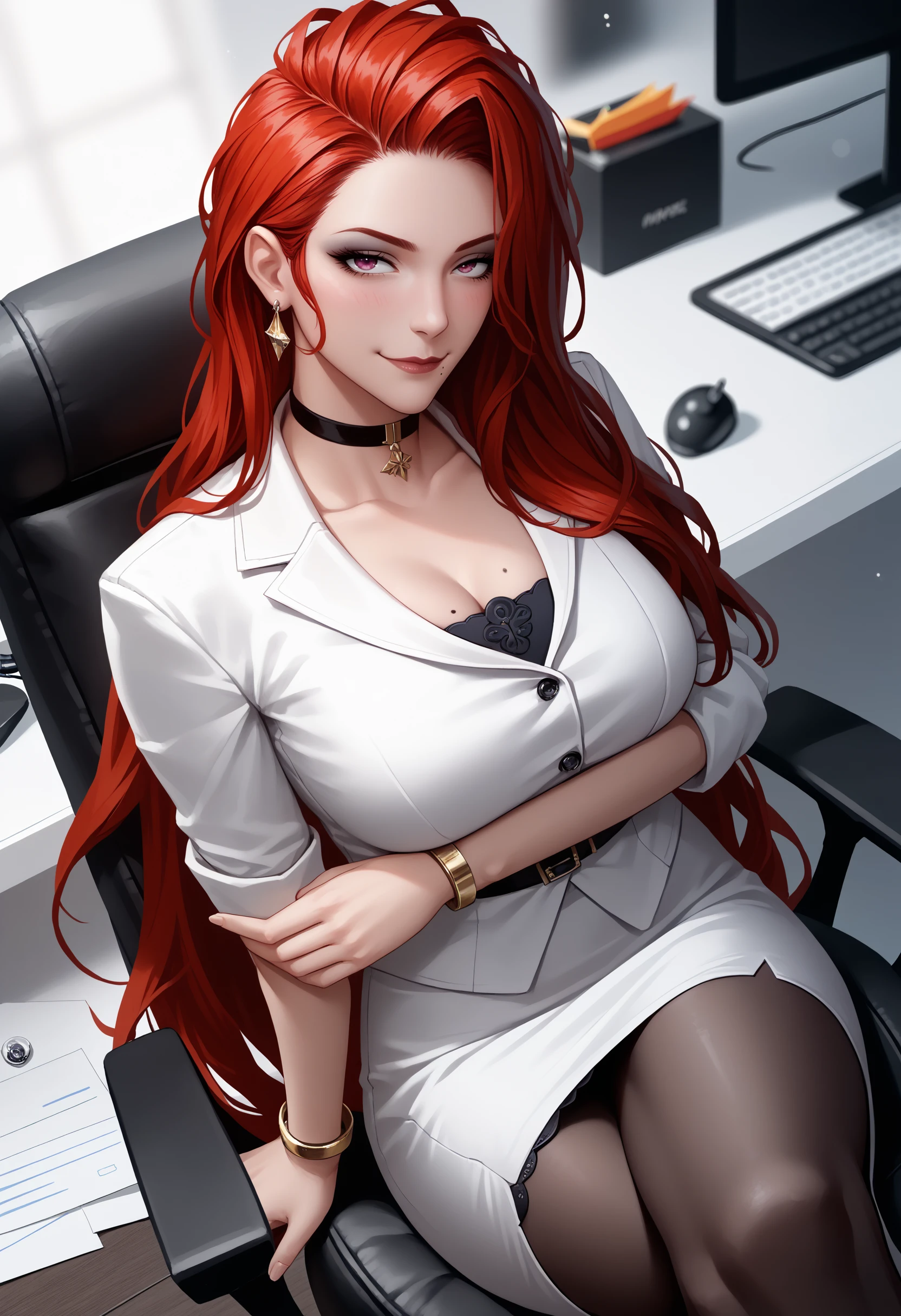 score_9,score_8_up,score_7_up, <lora:cabptn-ponyxl-beta4-09:1.0>, CabPTN, 1girl, solo, red hair, very long hair, pink eyes, mature female, nose, office lady, pencil skirt, white skirt, popped collar, choker, white blouse, sleeves rolled up, sitting, desk, office chair, armrest, crossed legs, thighs, black pantyhose, mole under mouth, mole on breast, smirk, closed mouth, (saliva:0.25), half-closed eyes, makeup, looking at viewer, looking up, dutch angle, from above, hand on own arm, bangle, lace-trimmed skirt, earrings, arm support, bokeh, blurred background, detailed background, raised head,