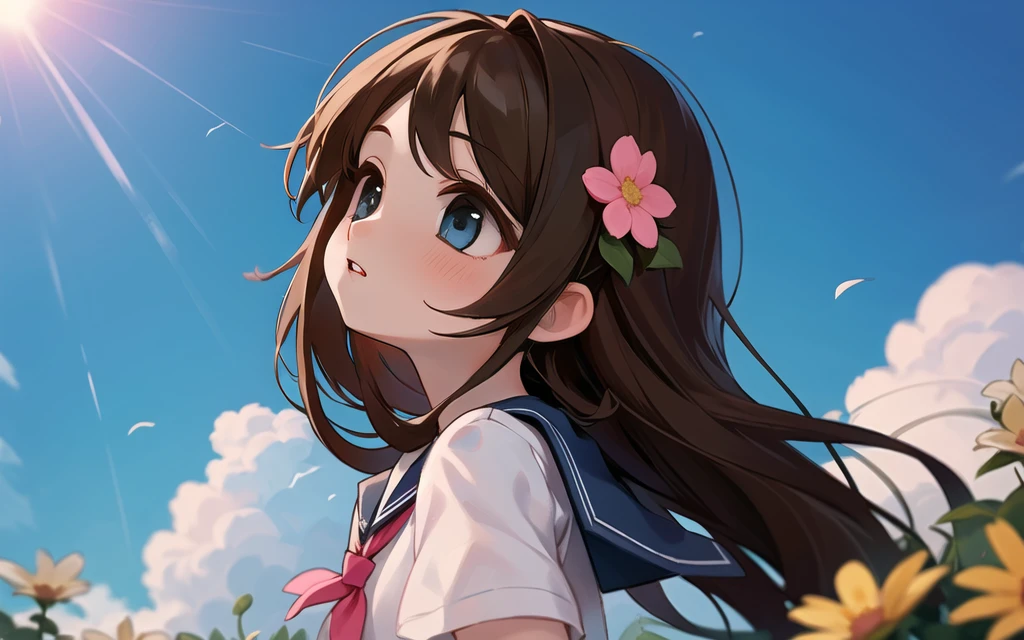 (masterpiece, best quality),1girl, solo, flower, long hair, outdoors, letterboxed, school uniform, day, sky, looking up, short sleeves, parted lips, shirt, cloud, black hair, sunlight, white shirt, serafuku, upper body, from side, pink flower, blurry, brown hair, blue sky, depth of field <lora:Uee_M__Style:0.8>