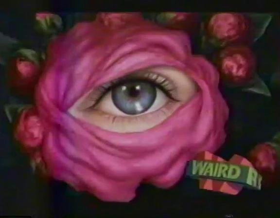 vhs style, A hyperrealistic painting of a single human eye nestled within the center of a pink flower, surrounded by buds and leaves. The eye gazes directly at the viewer, with a detailed iris and long, dark eyelashes. The style is dark fantasy, with dramatic lighting emphasizing the textures and details. The background is black, enhancing the contrast and adding to the mysterious atmosphere. No text.