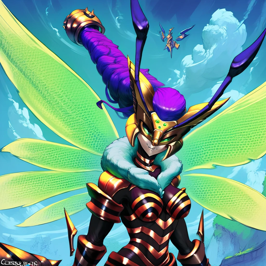 score_9, score_8_up, score_7_up, score_6_up, score_5_up, score_4_up, rating_safe,cutesexyrobutts,1girl,solo,queenbeemon,upper body,energy wings,smirk,purple hair,braided ponytail, ponytail over shoulder, hair ornament,flying,sky,clouds , <lora:QueenBeemonPony:0.97>, zPDXL2