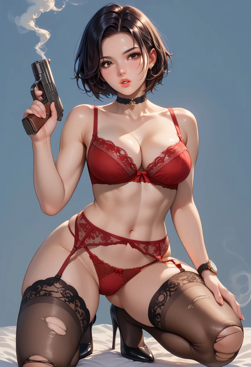 score_9, score_8_up, score_7_up,
AdaWong, 
1girl, solo, breasts, looking at viewer, short hair, large breasts, black hair, thighhighs, navel, holding, cleavage, brown eyes, underwear, panties, weapon, parted lips, choker, holding weapon, bra, high heels, lips, gun, torn clothes, underwear only, lingerie, holding gun, lace trim, lace, handgun, smoke, garter belt, watch, wristwatch, red panties, lace-trimmed legwear, one knee, torn thighhighs, red bra, lace bra