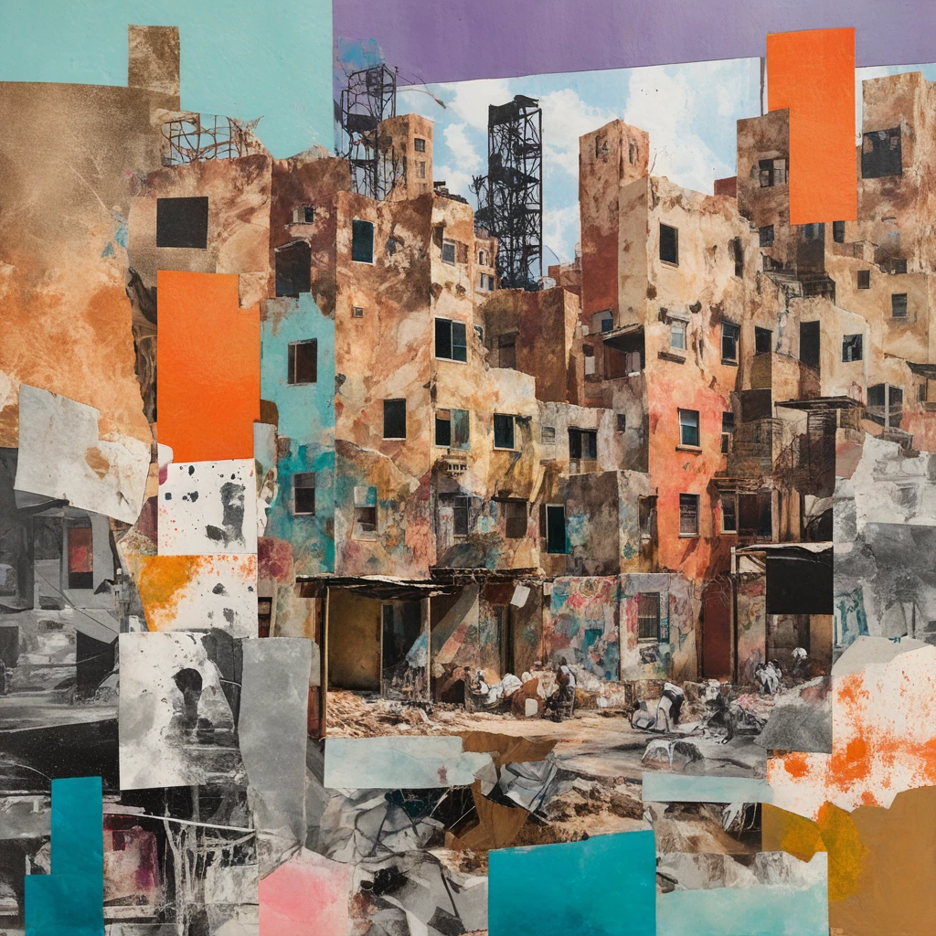 Collage-Style, a composition of various slums representing diverse cultures and environments, featuring fragmented sections with different paper textures and roughness, an array of pastel colors blending seamlessly, scattered ink spots and stains adding depth and character, juxtaposing urban decay and resilience, evoking a sense of community and struggle, artistic style reminiscent of mixed media and collage art, rendered with high resolution,