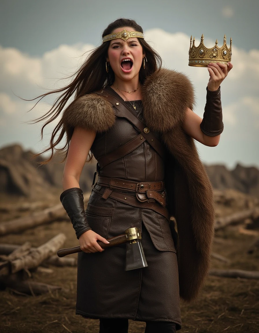 High quality photo of a viking warrior princess with long flowing brown hair screaming on a battlefield raising her fist holding a  golden crown. She has an axe strapped to her belt.  <lora:Jules_LeBlanc_FLUX_V1-000061:1>