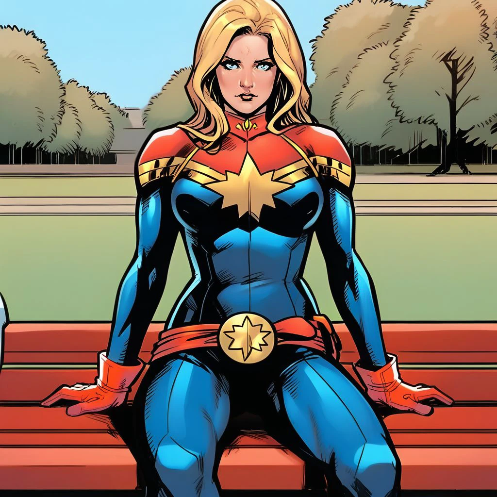 score_9, carol_danvers, blonde hair, blue eyes, bodysuit, star logo, red gloves, red belt, sitting on a bench, central park, day, clear sky, looking at the viewer, closed mouth, <lora:captain_marvel:1>