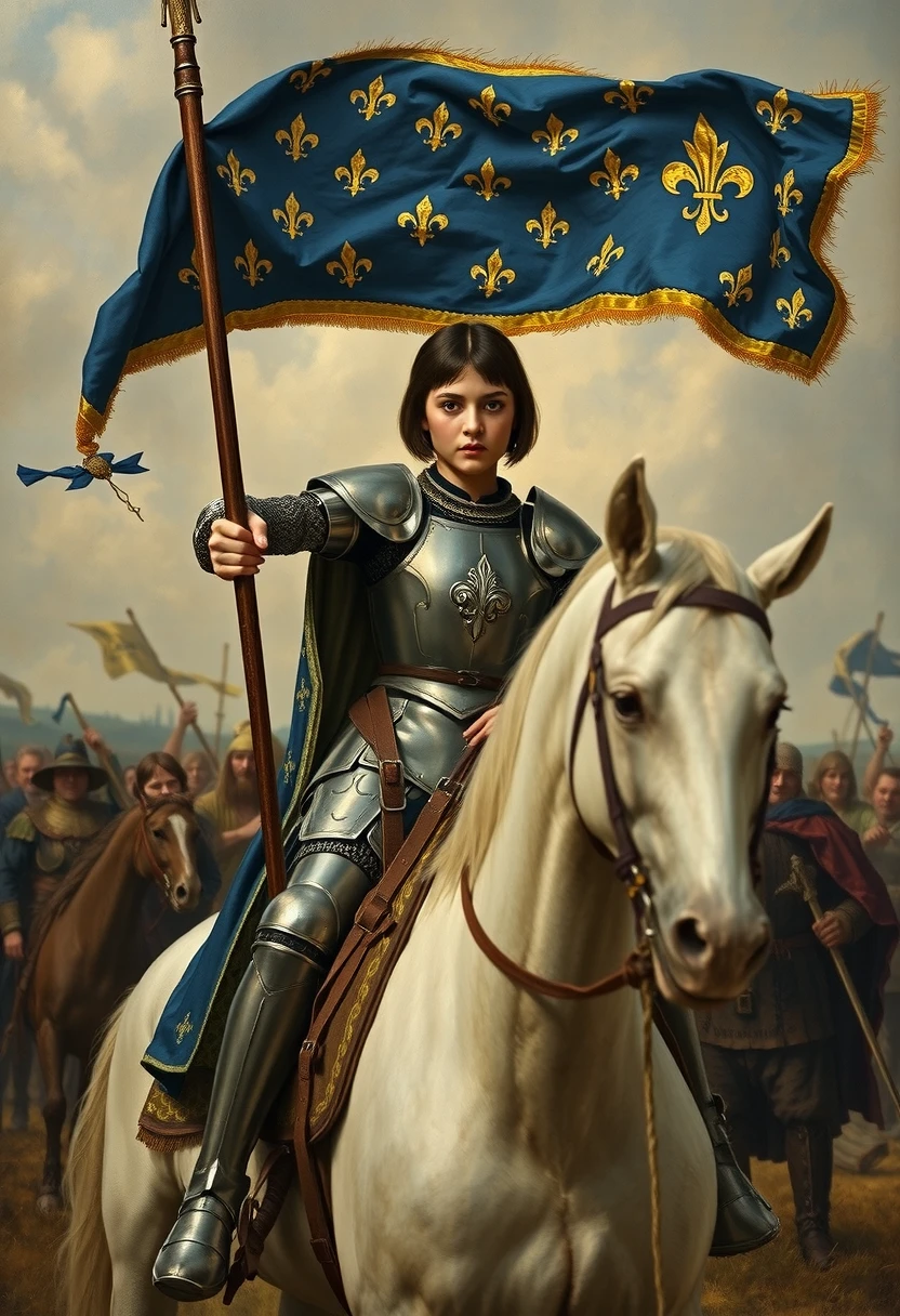 Masterpiece painting, dramatic angled-front view, , heroic painting of a beautiful girl on a medieval battlefield, short black hair, full-plate-mail armor, holding up a lance with a long and narrow blue and gold banner with hundreds of embroidered fleur-de-lis, defiance of an enemy, sitting on a large white steed,