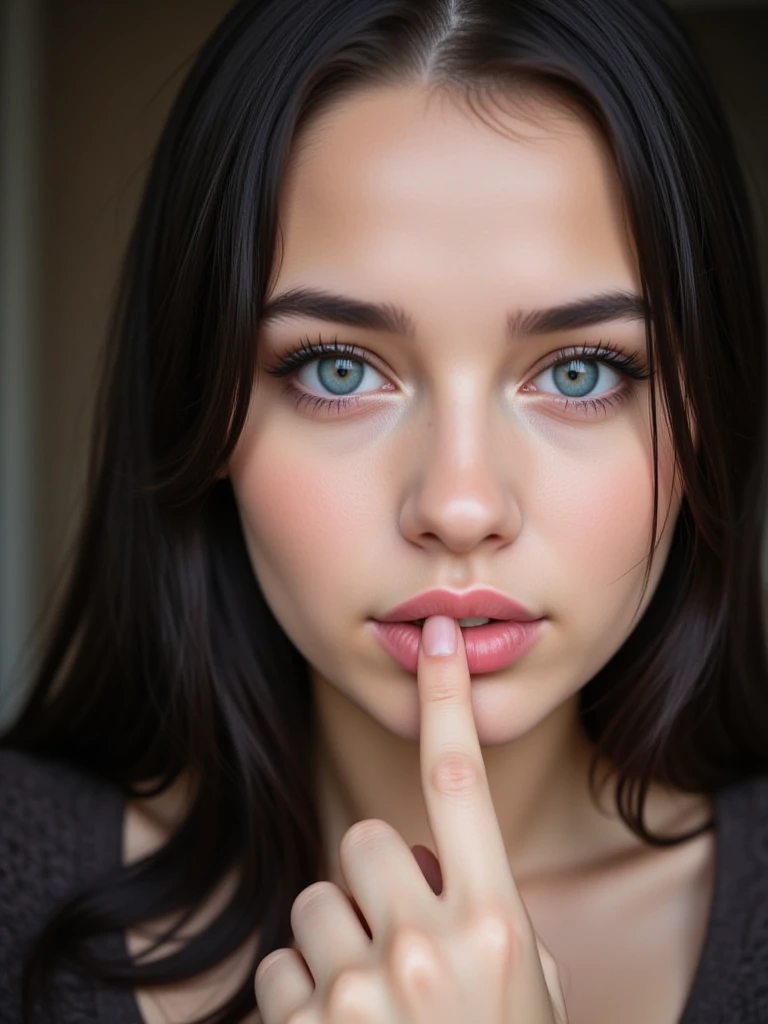 a young woman is holding her finger to her lips, 1girl, looking at viewer, blue eyes, black hair, solo focus, blurry, lips, eyelashes, blurry background, close-up, realistic
