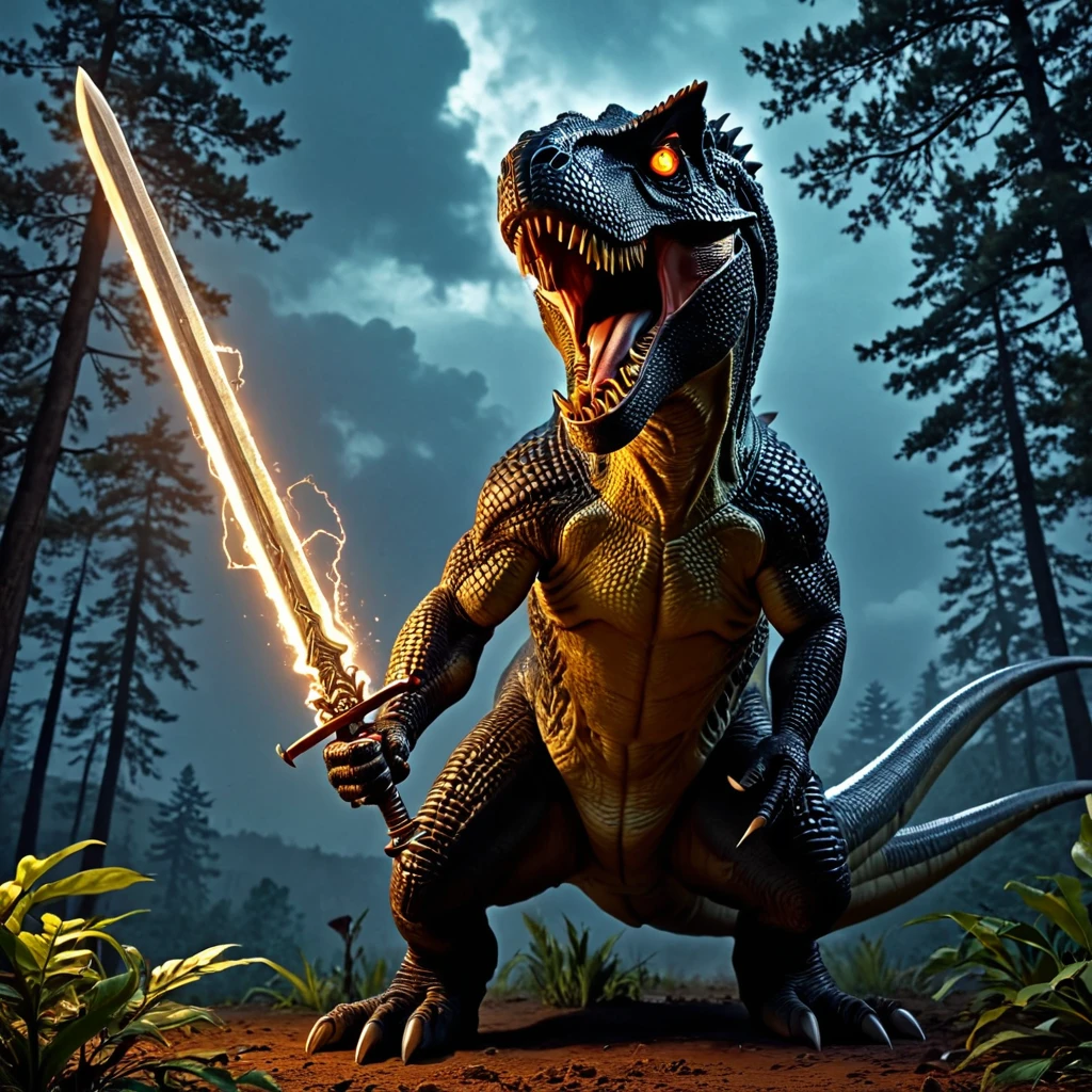 UHD, 4k, ultra detailed, cinematic, a photograph of  <lora:FLUX.1 cinematic style:1>
In FLUX.1 cinematic style a dinosaur with a sword in its mouth, realism, smooth sharp photo, smooth details, perfect style, perfection style, filmic style, Kodak style, Fujifilm style, cinematic color style, perfect skin tone style, perfect texture style, detailed background, different pose, unique different image, midjourney style, cinematic film photography style, blackforestlabs style, FLUX.1 cinematic style, open mouth, holding, tail, yellow eyes, weapon, outdoors, sky, teeth, sword, cloud, holding weapon, tree, no humans, night, glowing, holding sword, cloudy sky, sharp teeth, nature, claws, forest, monster, electricity, scales, giant, lightning, glowing weapon, dinosaur, kaijuu, godzilla, standing, solo
, epic, beautiful lighting, inpsiring