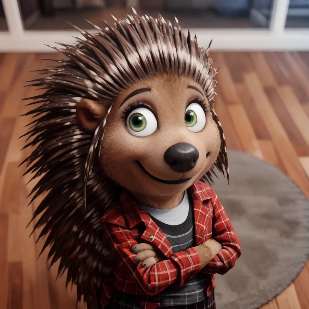 <lora:Ashsing:0.7>, Ashing, porcupine, anthro, looking up at viewer, striped shirt, plaid skirt, green eyes, high angle, full body, fisheye lens, inside, crossed arms, blurry body, blurry background, face shot, light smile, wide eyes, lobby