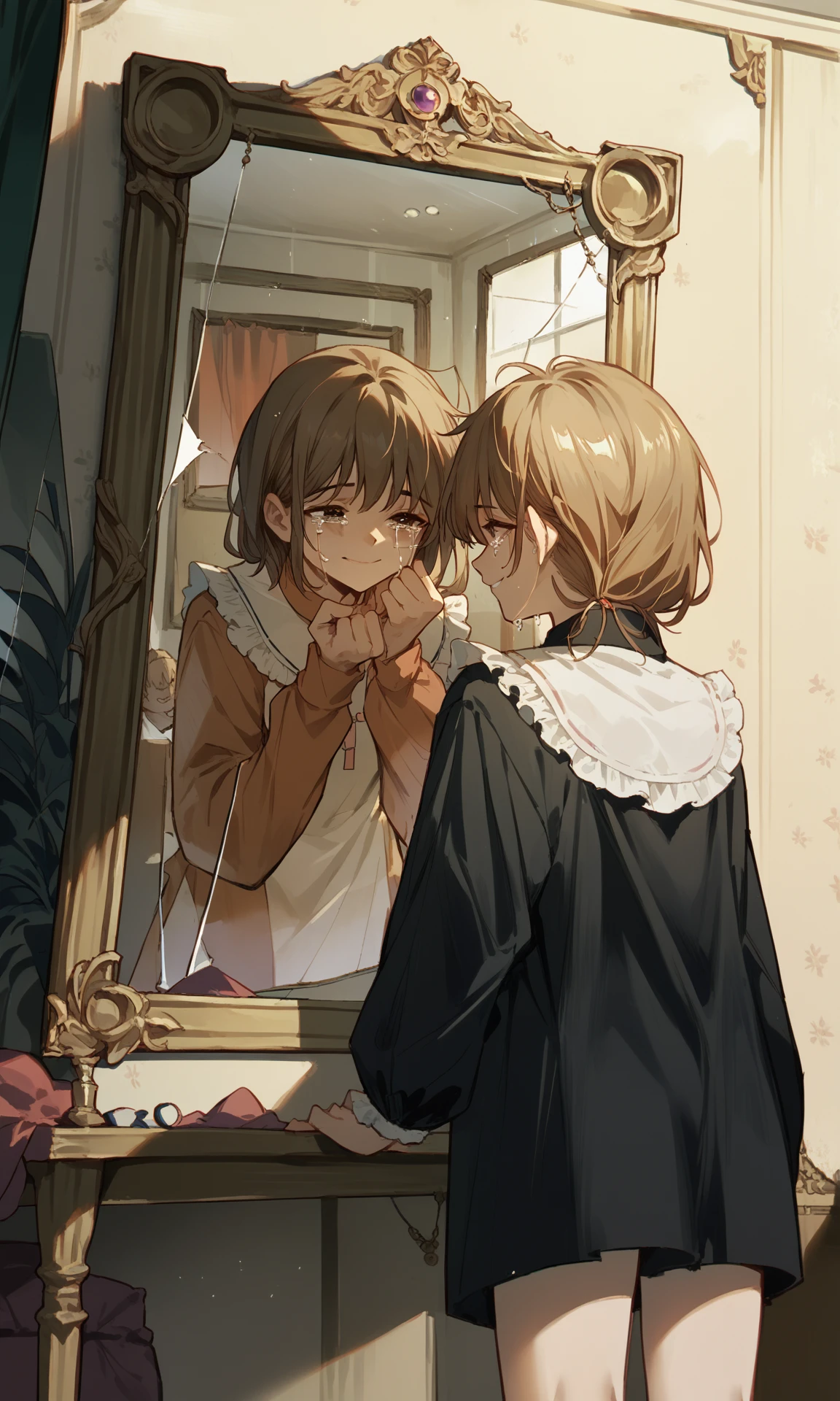 score_9, score_8_up, score_7_up, source_anime, 2girls, indoors, bedroom, looking at the mirror, standing, smile, crying, mirror, diffRef