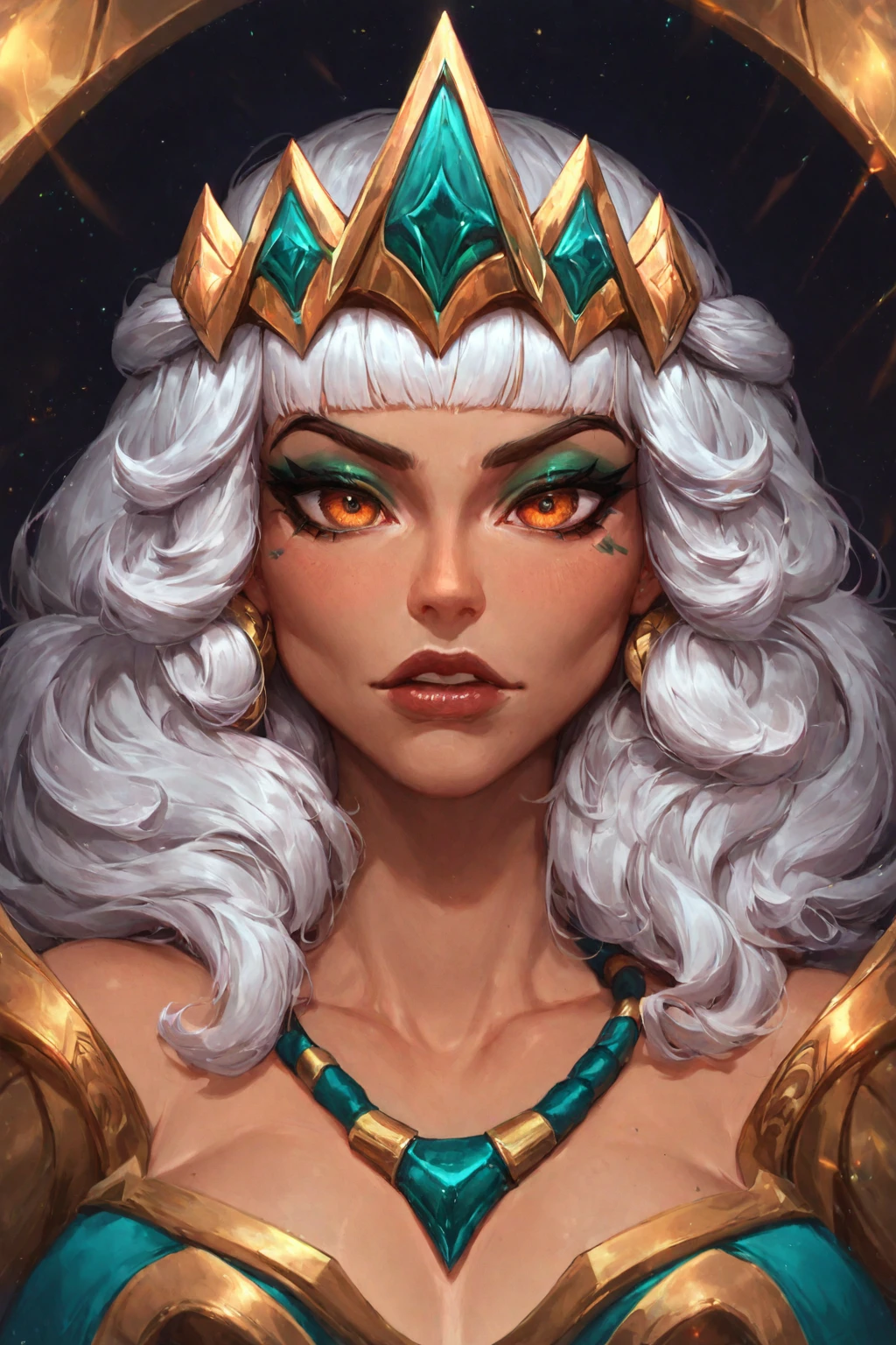 ((Glamour Portrait)),(score_9, score_8_up:1.1),score_7_up,1girls,qiyana \(league of legends\),
Qiyana Yunalai, silver-white hair, dramatic eye makeup, golden eyeshadow, dark eyeliner, turquoise eyes, amber eyes, golden-orange eyes, regal aura, majestic aura, Empress, Imperial Majesty, Highness, Arrogant, Confident, Charismatic, Ambitious, Commanding, Impressionable, Choosy, Discerning, Radiant, Elegant, Stunning, beautiful, Tiara, Crown, Gold headband, Decorative headpiece, Sleek, High-ponytail, Regal, Stylized, Athletic, Curvaceous, Defined muscles, Graceful, Well-proportioned, Tribal markings, Regal attire, Elemental Powers, Elemental Abilities, commanding stance, Confident expression, Royal, prestige, prestigious, female focus, Sovereign, mature personality, very feminine, deep brown skin, dark brown skin, Portrait, Full-body portrait, Heroic pose, Detailed, Fantasy art, League of Legends, Cinematic, Epic, Highly detailed, Digital painting, Concept art. <lora:Qiyana_Yunalai_-_Pony_-_Deal:0.9>