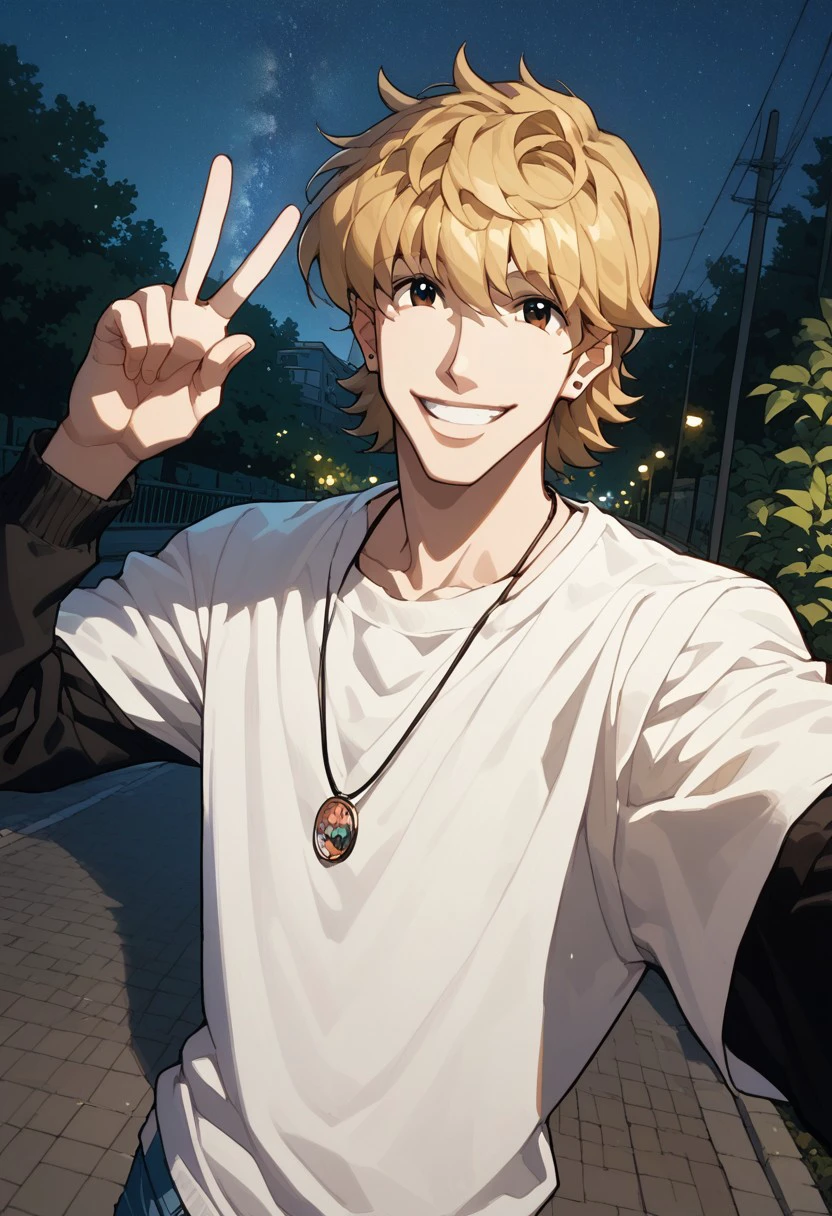 score_9, score_8_up, score_7_up, source_anime, rating_safe, night, v fingers, ParistonHXH, blonde hair, brown eyes, 1boy, male focus, casual clothes, smile, teeth, Selfie, hands with five fingers, outdoors, milky way, happy-cheery,