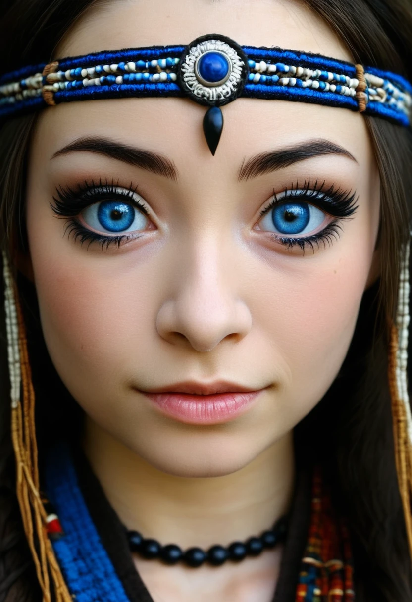 Tribal style jodelle woman,ringed_eyes,blue eyes,<lora:Jodelle Ferland SDXL:0.8>, . Indigenous, ethnic, traditional patterns, bold, natural colors, highly detailed