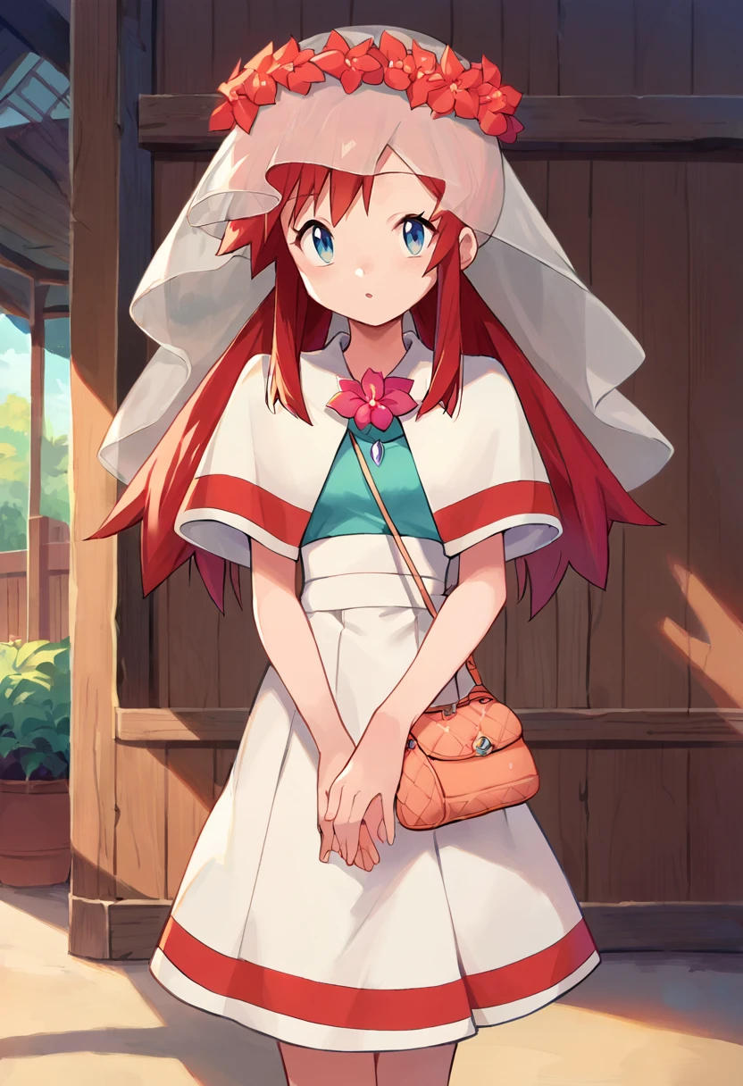 score_9, score_8_up, score_7_up, masterpiece, source_anime 1girl, ct_melody, blue eyes, red hair, twintails, flower wreath, flower necklace, veil, cyan tank top, capelet, white high-waist skirt, handbag, indoors, wooden wall, looking at viewer, cowboy shot, <lora:Melody_Pony_ct:1>